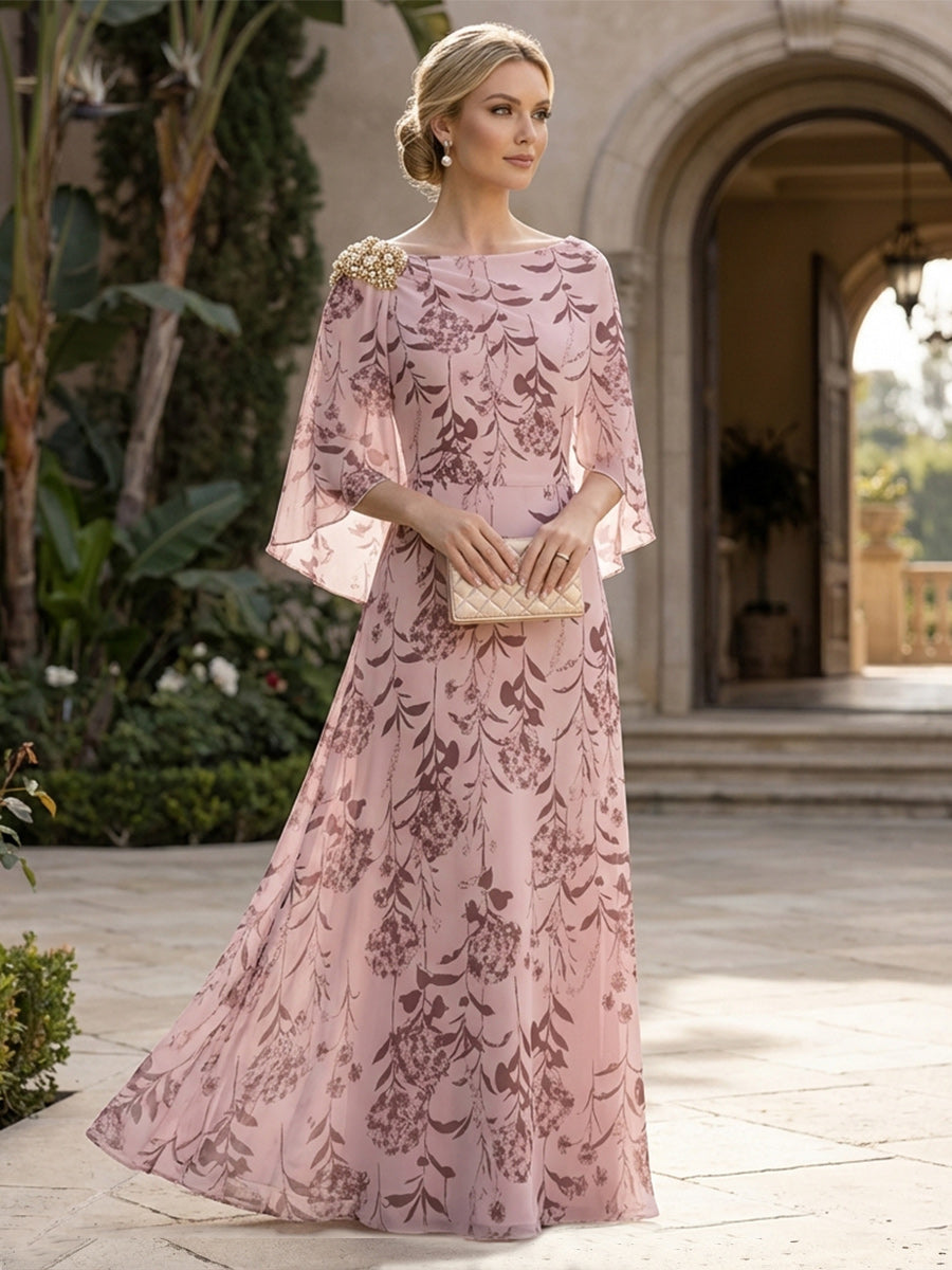 A-Line Chiffon Floral Print 3/4 Cape Sleeves Tiered Mother of the Bride & Groom Dresses with Beaded Waist Embellishment (SHI22500669)