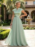 A-Line/Princess V-Neck Chiffon Maxi Mother of the Bride & Groom Dresses with Side Sash, Sweep Train & Ruched Bodice (SHI22501629)