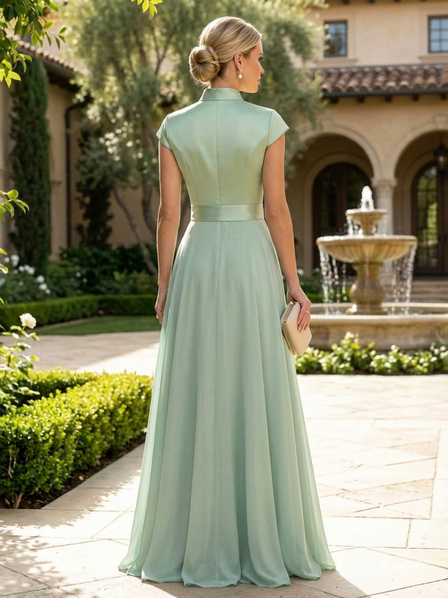 A-Line/Princess V-Neck Chiffon Maxi Mother of the Bride & Groom Dresses with Side Sash, Sweep Train & Ruched Bodice (SHI22501629)