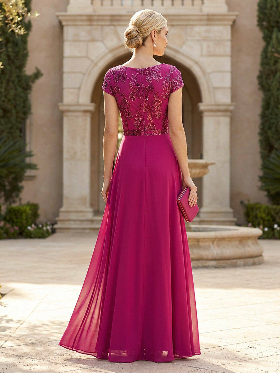 Mermaid Short Sleeve Floor Length Ruffled Mother of the Bride Dresses with Split Side (SHI22500250)