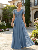 A-Line Chiffon Short Sleeves Mother of the Bride & Groom Dresses with Sequin Bodice (SHI22500685)