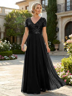 A-Line Chiffon Short Sleeves Mother of the Bride & Groom Dresses with Sequin Bodice (SHI22500685)
