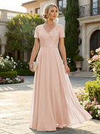A-Line Chiffon Short Sleeves Mother of the Bride & Groom Dresses with Sequin Bodice (SHI22500685)
