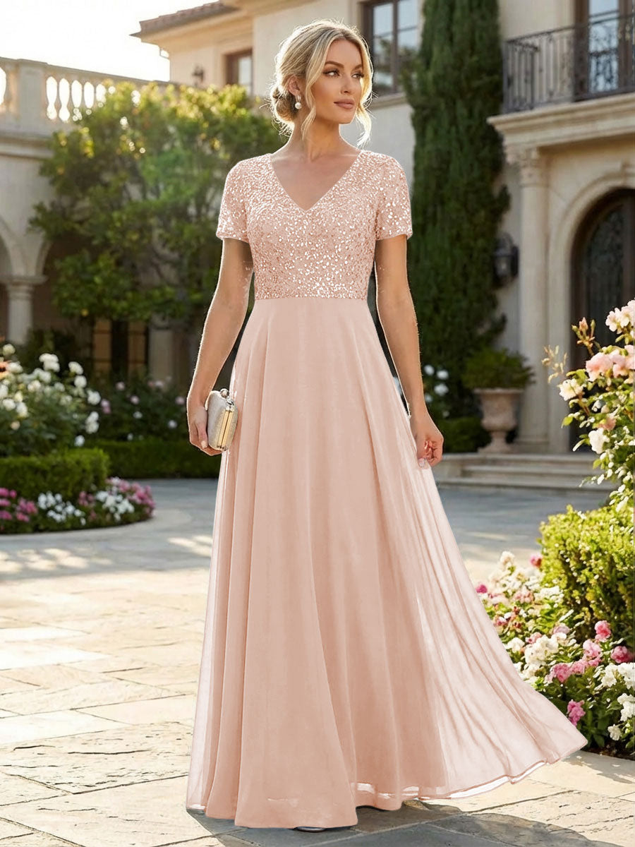 A-Line Chiffon Short Sleeves Mother of the Bride & Groom Dresses with Sequin Bodice (SHI22500685)