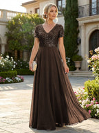 A-Line Chiffon Short Sleeves Mother of the Bride & Groom Dresses with Sequin Bodice (SHI22500685)