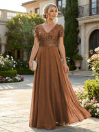 A-Line Chiffon Short Sleeves Mother of the Bride & Groom Dresses with Sequin Bodice (SHI22500685)