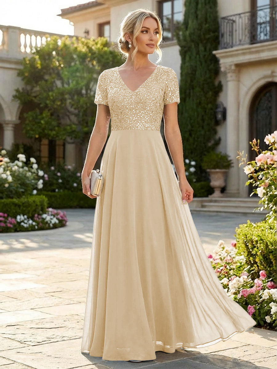 A-Line Chiffon Short Sleeves Mother of the Bride & Groom Dresses with Sequin Bodice (SHI22500685)