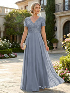 A-Line Chiffon Short Sleeves Mother of the Bride & Groom Dresses with Sequin Bodice (SHI22500685)
