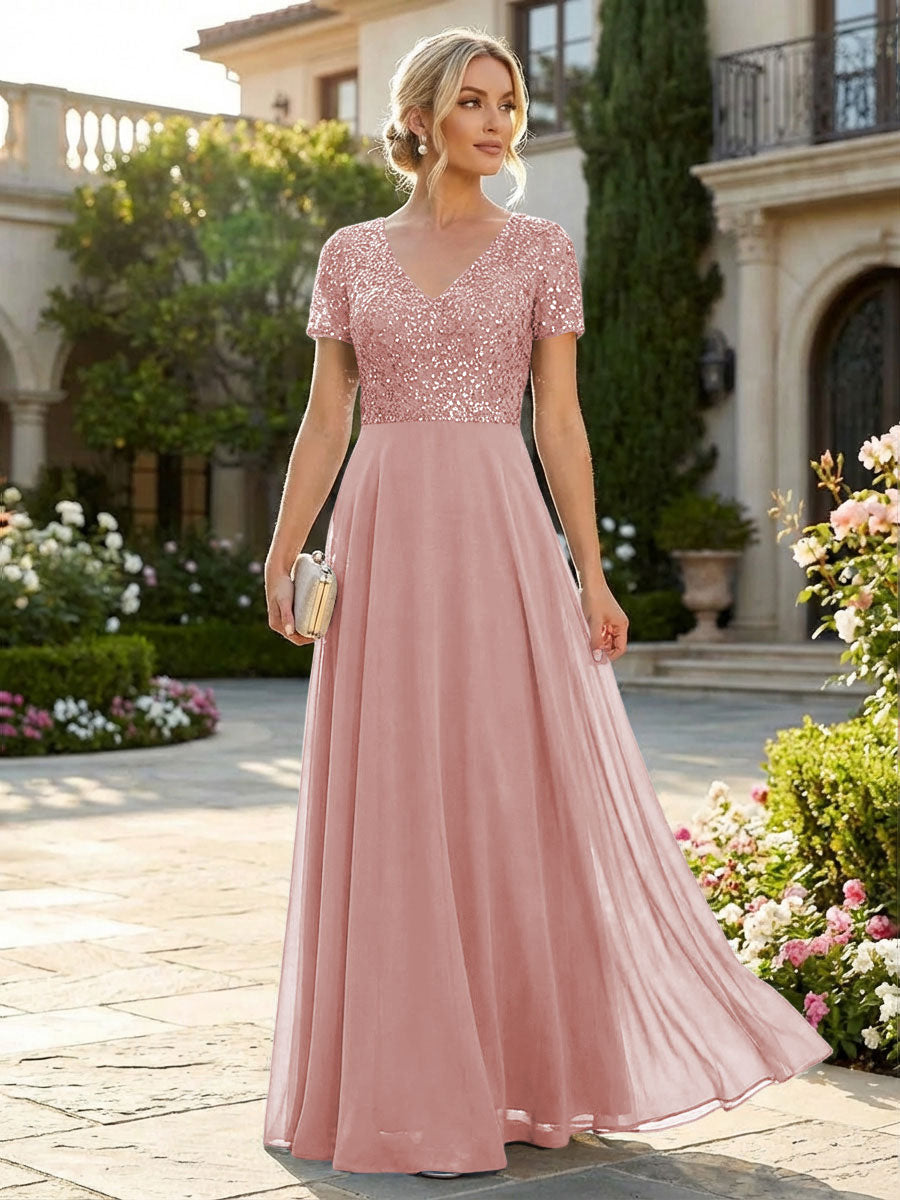 A-Line Chiffon Short Sleeves Mother of the Bride & Groom Dresses with Sequin Bodice (SHI22500685)