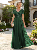 A-Line Chiffon Short Sleeves Mother of the Bride & Groom Dresses with Sequin Bodice (SHI22500685)