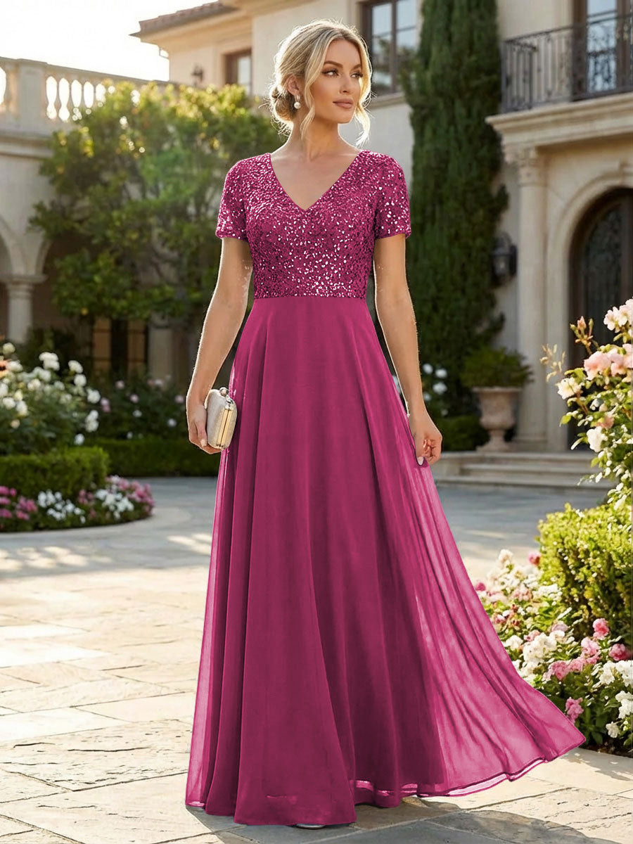 A-Line Chiffon Short Sleeves Mother of the Bride & Groom Dresses with Sequin Bodice (SHI22500685)