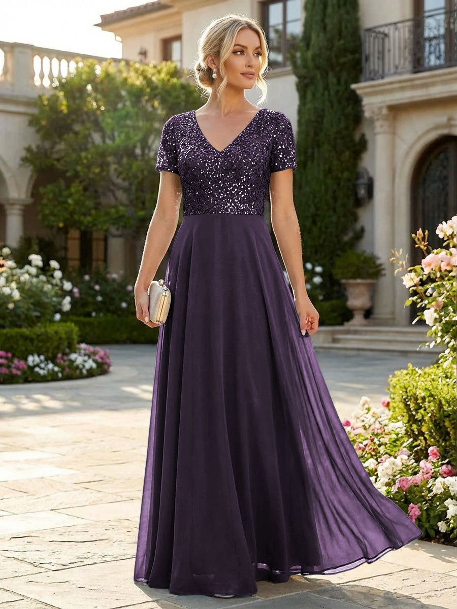 A-Line Chiffon Short Sleeves Mother of the Bride & Groom Dresses with Sequin Bodice (SHI22500685)