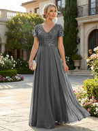 A-Line Chiffon Short Sleeves Mother of the Bride & Groom Dresses with Sequin Bodice (SHI22500685)