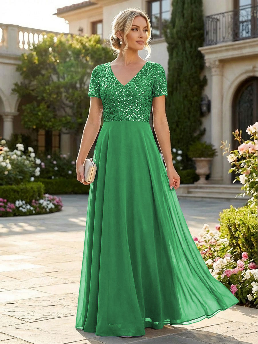 A-Line Chiffon Short Sleeves Mother of the Bride & Groom Dresses with Sequin Bodice (SHI22500685)