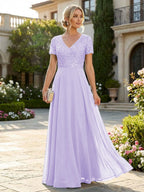 A-Line Chiffon Short Sleeves Mother of the Bride & Groom Dresses with Sequin Bodice (SHI22500685)