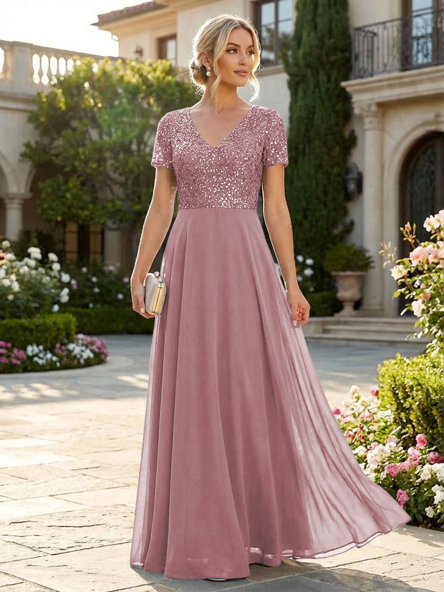 A-Line Chiffon Short Sleeves Mother of the Bride & Groom Dresses with Sequin Bodice (SHI22500685)