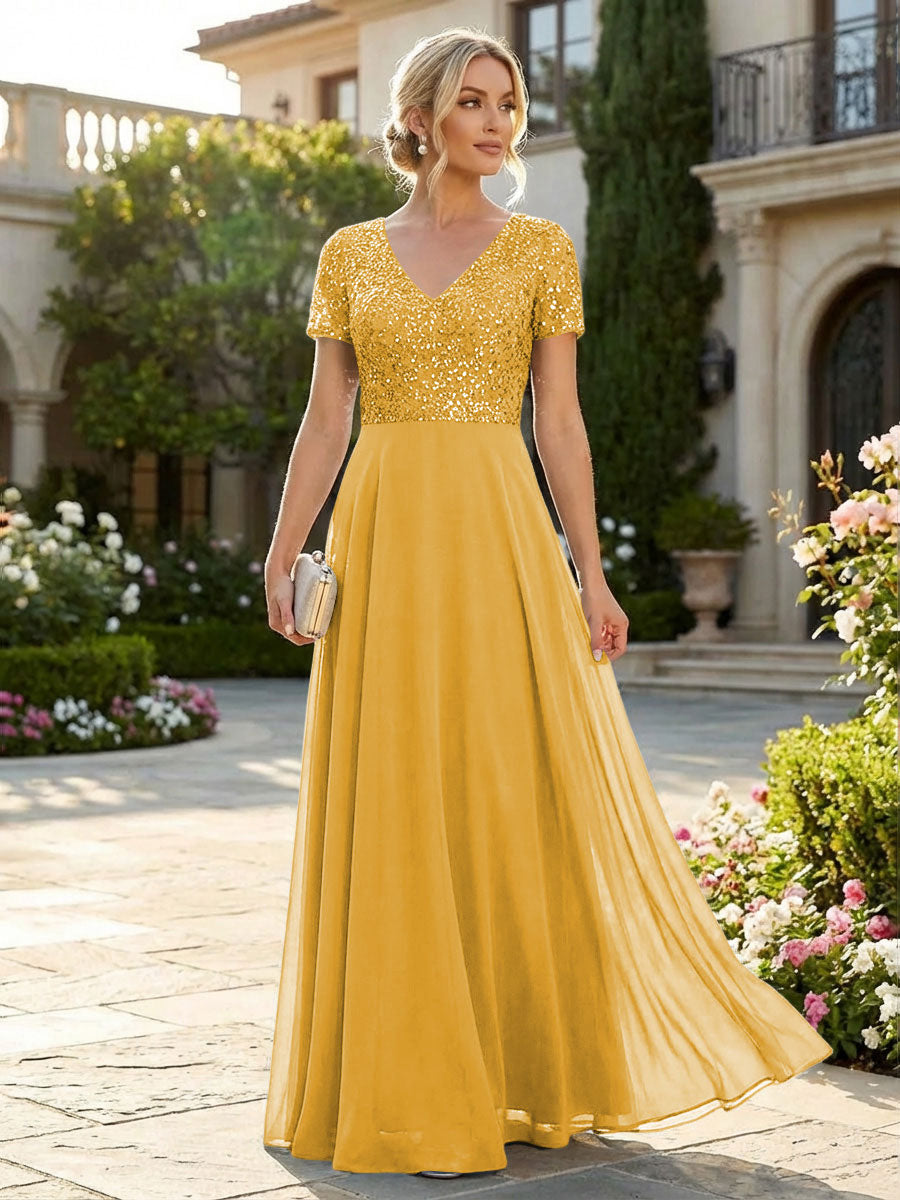 A-Line Chiffon Short Sleeves Mother of the Bride & Groom Dresses with Sequin Bodice (SHI22500685)