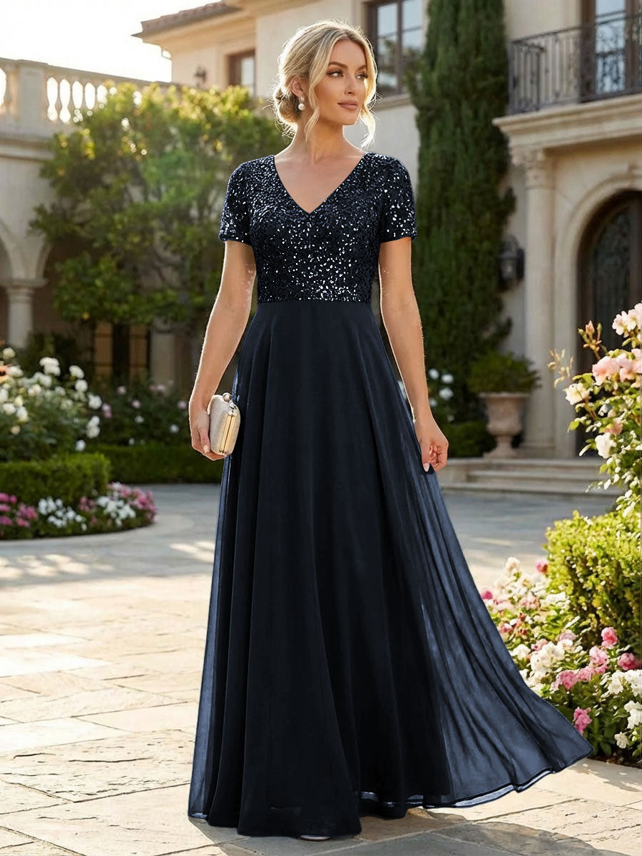 A-Line Chiffon Short Sleeves Mother of the Bride & Groom Dresses with Sequin Bodice (SHI22500685)