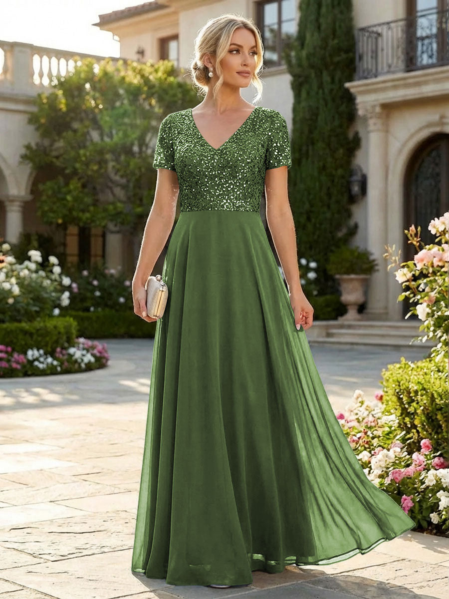 A-Line Chiffon Short Sleeves Mother of the Bride & Groom Dresses with Sequin Bodice (SHI22500685)