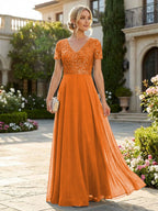 A-Line Chiffon Short Sleeves Mother of the Bride & Groom Dresses with Sequin Bodice (SHI22500685)