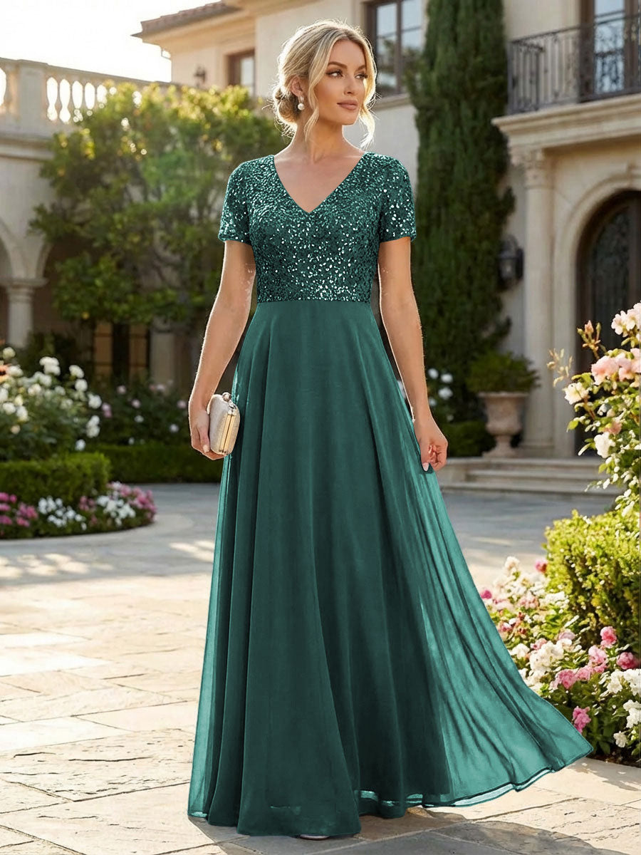 A-Line Chiffon Short Sleeves Mother of the Bride & Groom Dresses with Sequin Bodice (SHI22500685)