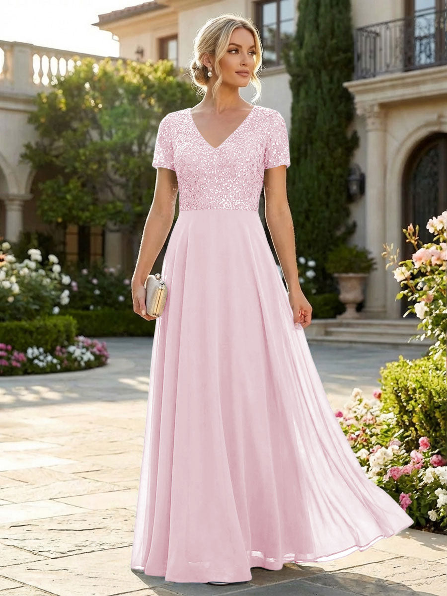 A-Line Chiffon Short Sleeves Mother of the Bride & Groom Dresses with Sequin Bodice (SHI22500685)