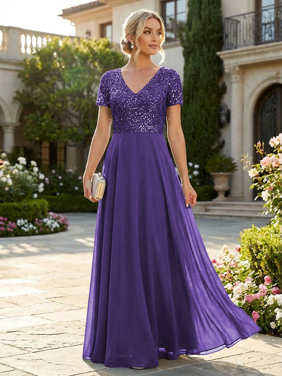 A-Line Chiffon Short Sleeves Mother of the Bride & Groom Dresses with Sequin Bodice (SHI22500685)