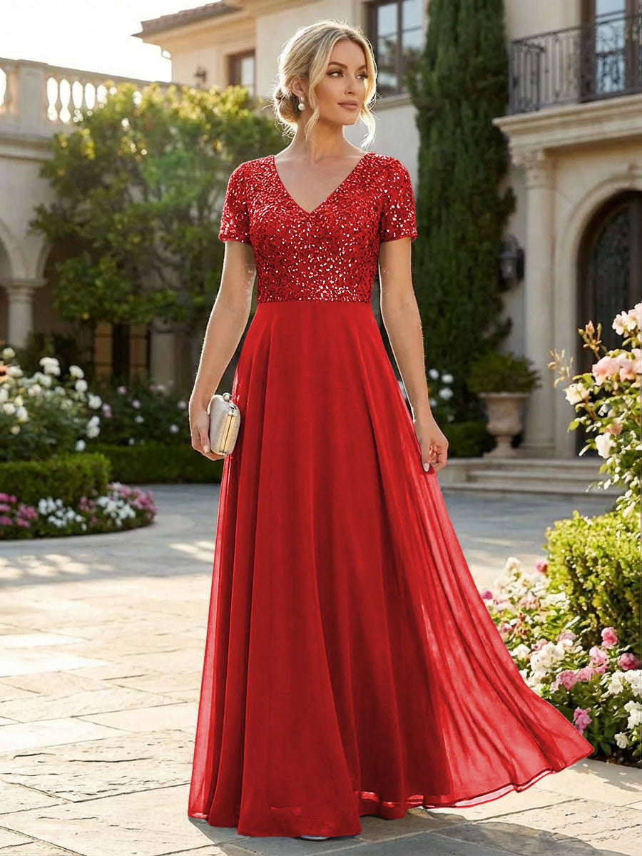 A-Line Chiffon Short Sleeves Mother of the Bride & Groom Dresses with Sequin Bodice (SHI22500685)