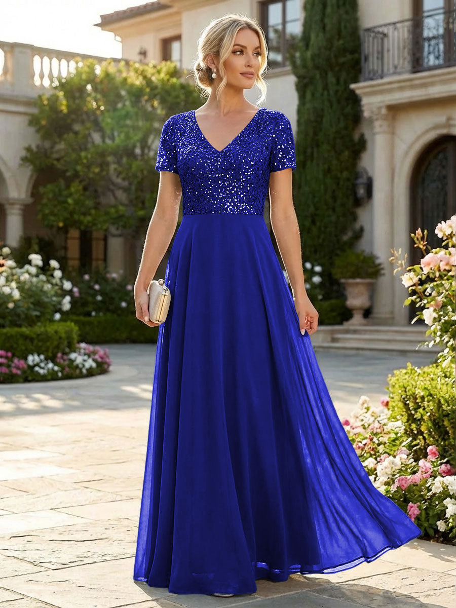 A-Line Chiffon Short Sleeves Mother of the Bride & Groom Dresses with Sequin Bodice (SHI22500685)
