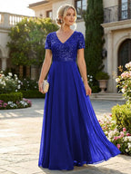 A-Line Chiffon Short Sleeves Mother of the Bride & Groom Dresses with Sequin Bodice (SHI22500685)