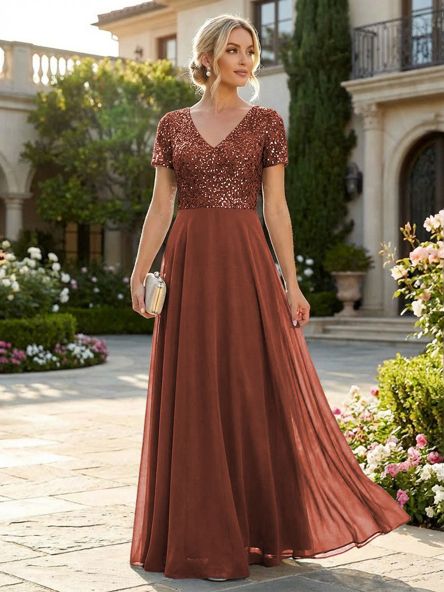 A-Line Chiffon Short Sleeves Mother of the Bride & Groom Dresses with Sequin Bodice (SHI22500685)