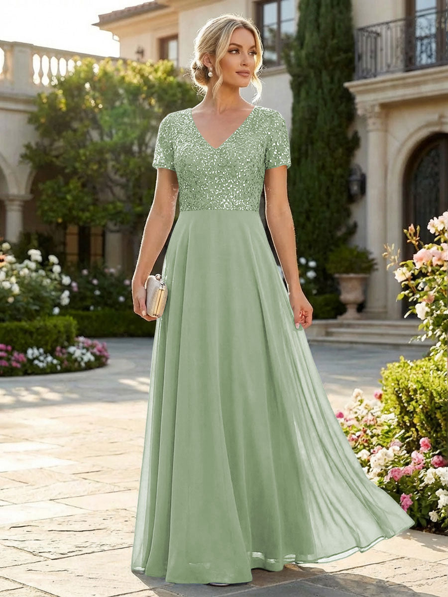 A-Line Chiffon Short Sleeves Mother of the Bride & Groom Dresses with Sequin Bodice (SHI22500685)