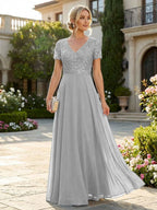 A-Line Chiffon Short Sleeves Mother of the Bride & Groom Dresses with Sequin Bodice (SHI22500685)