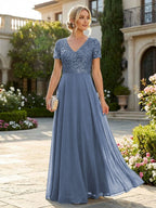 A-Line Chiffon Short Sleeves Mother of the Bride & Groom Dresses with Sequin Bodice (SHI22500685)