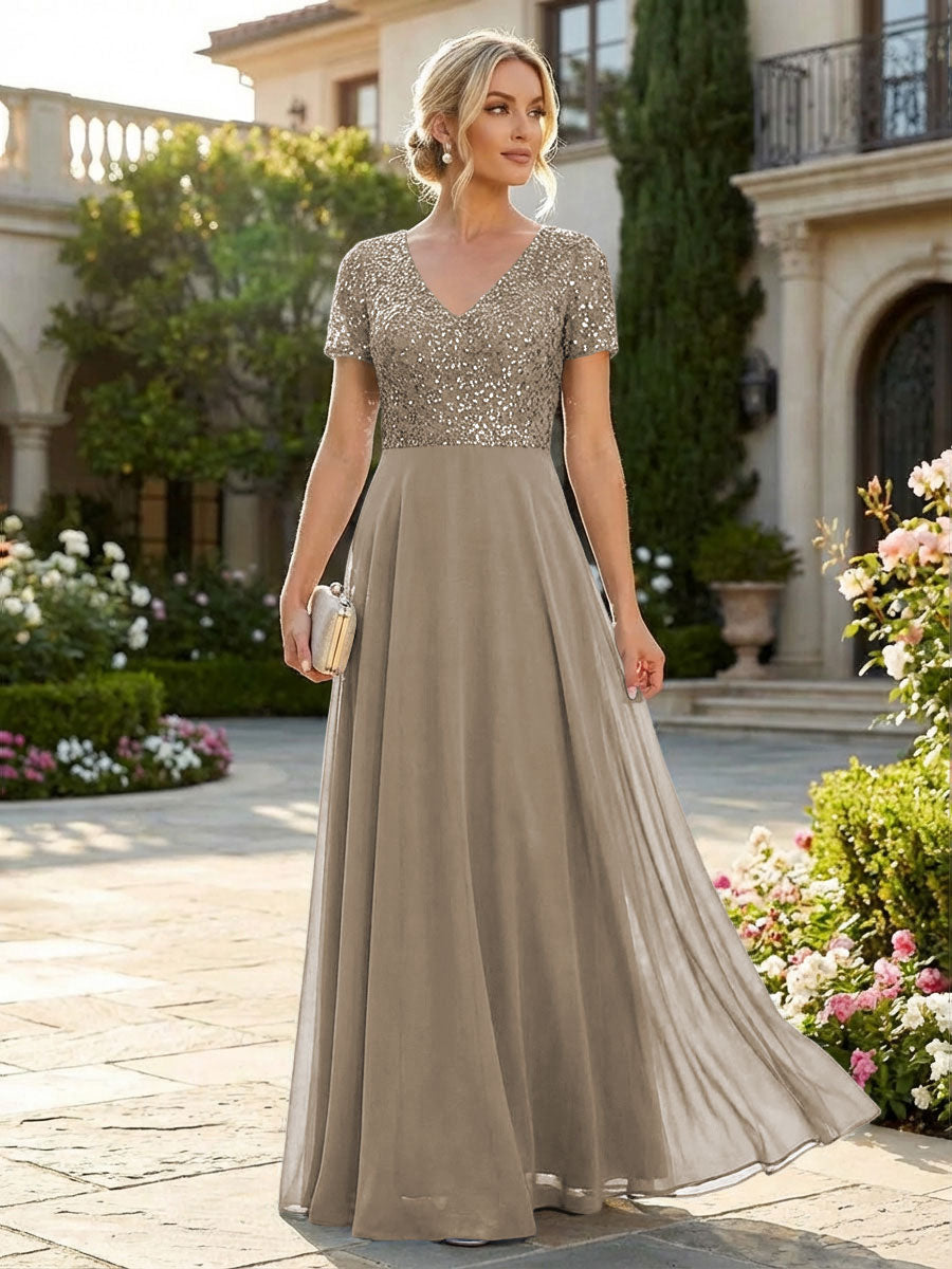 A-Line Chiffon Short Sleeves Mother of the Bride & Groom Dresses with Sequin Bodice (SHI22500685)
