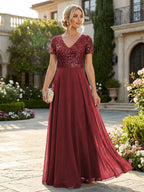 A-Line Chiffon Short Sleeves Mother of the Bride & Groom Dresses with Sequin Bodice (SHI22500685)