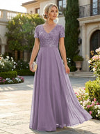 A-Line Chiffon Short Sleeves Mother of the Bride & Groom Dresses with Sequin Bodice (SHI22500685)