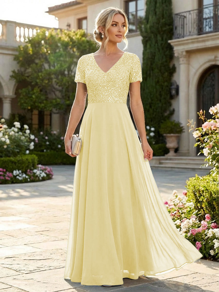 A-Line Chiffon Short Sleeves Mother of the Bride & Groom Dresses with Sequin Bodice (SHI22500685)