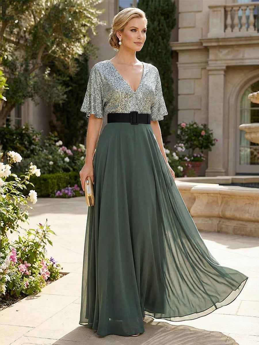 A-Line Chiffon Short Sleeves Mother of the Bride & Groom Dresses with Sequin Bodice (SHI22500685)