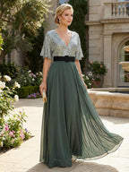 A-Line Chiffon Short Sleeves Mother of the Bride & Groom Dresses with Sequin Bodice (SHI22500685)