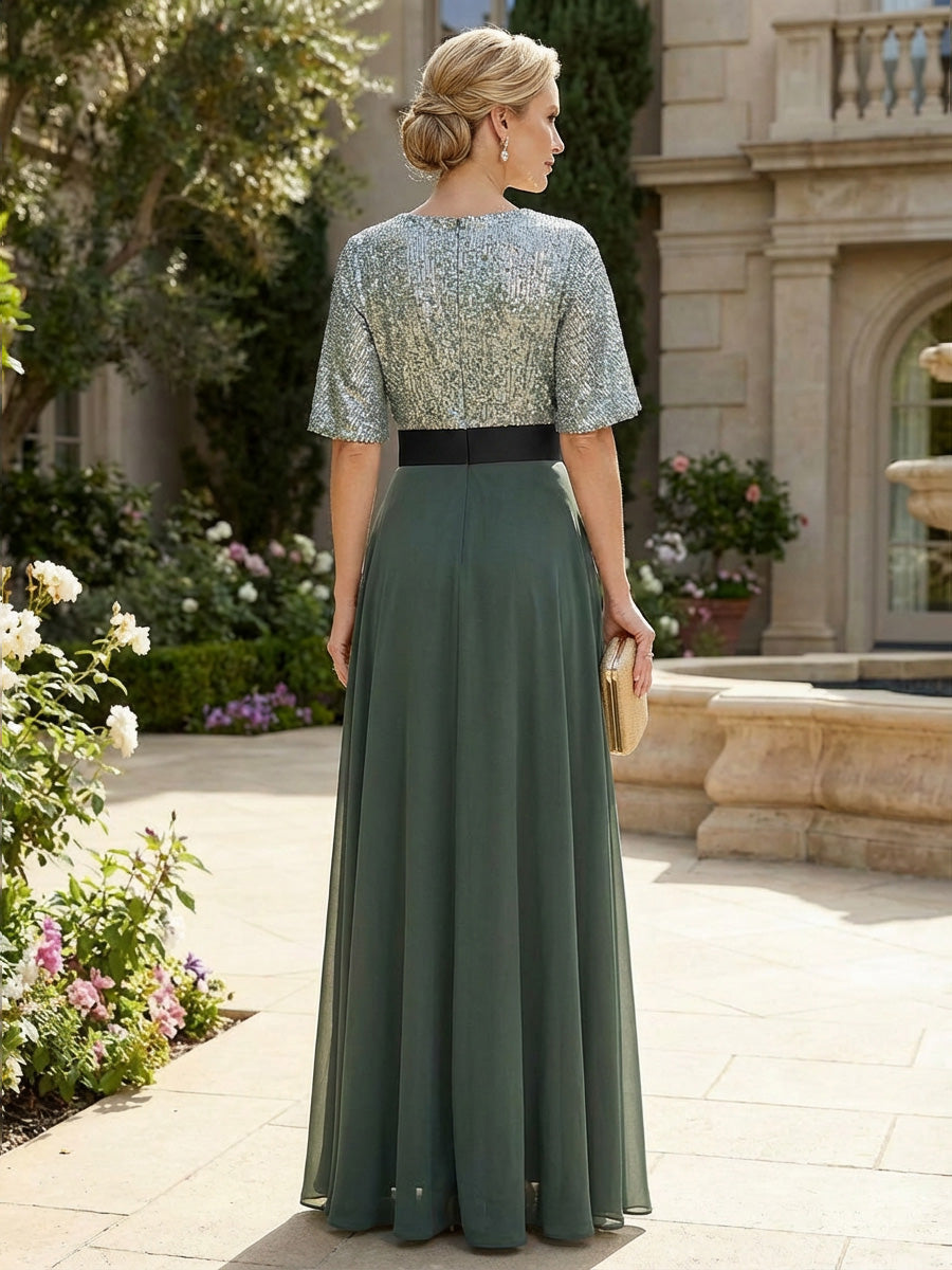 A-Line Chiffon Short Sleeves Mother of the Bride & Groom Dresses with Sequin Bodice (SHI22500685)
