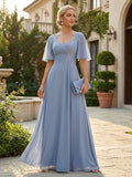 Elegant A-Line Chiffon Flutter Short Sleeves Pleated Mother of the Bride & Groom Dresses with Ruched Waist (SHI22500687)