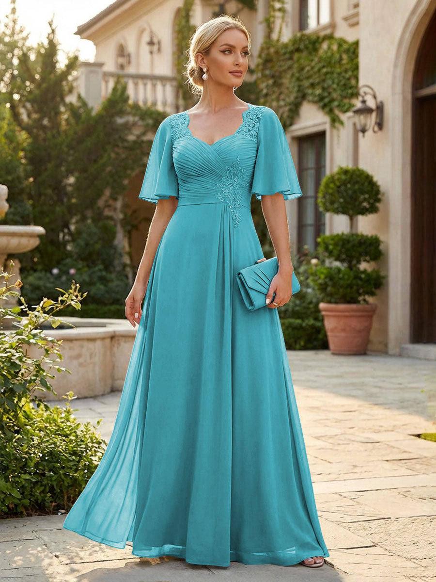 Elegant A-Line Chiffon Flutter Short Sleeves Pleated Mother of the Bride & Groom Dresses with Ruched Waist (SHI22500687)