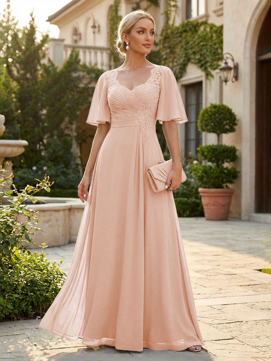 Elegant A-Line Chiffon Flutter Short Sleeves Pleated Mother of the Bride & Groom Dresses with Ruched Waist (SHI22500687)