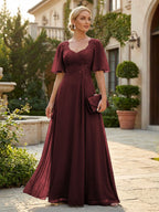 Elegant A-Line Chiffon Flutter Short Sleeves Pleated Mother of the Bride & Groom Dresses with Ruched Waist (SHI22500687)