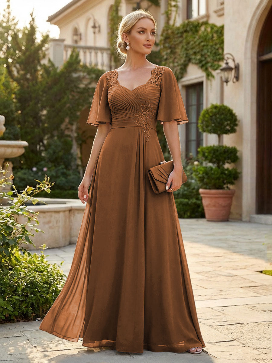 Elegant A-Line Chiffon Flutter Short Sleeves Pleated Mother of the Bride & Groom Dresses with Ruched Waist (SHI22500687)