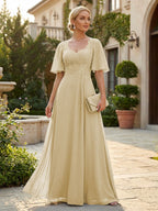 Elegant A-Line Chiffon Flutter Short Sleeves Pleated Mother of the Bride & Groom Dresses with Ruched Waist (SHI22500687)