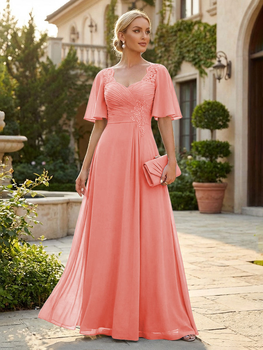 Elegant A-Line Chiffon Flutter Short Sleeves Pleated Mother of the Bride & Groom Dresses with Ruched Waist (SHI22500687)