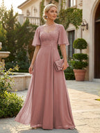 Elegant A-Line Chiffon Flutter Short Sleeves Pleated Mother of the Bride & Groom Dresses with Ruched Waist (SHI22500687)