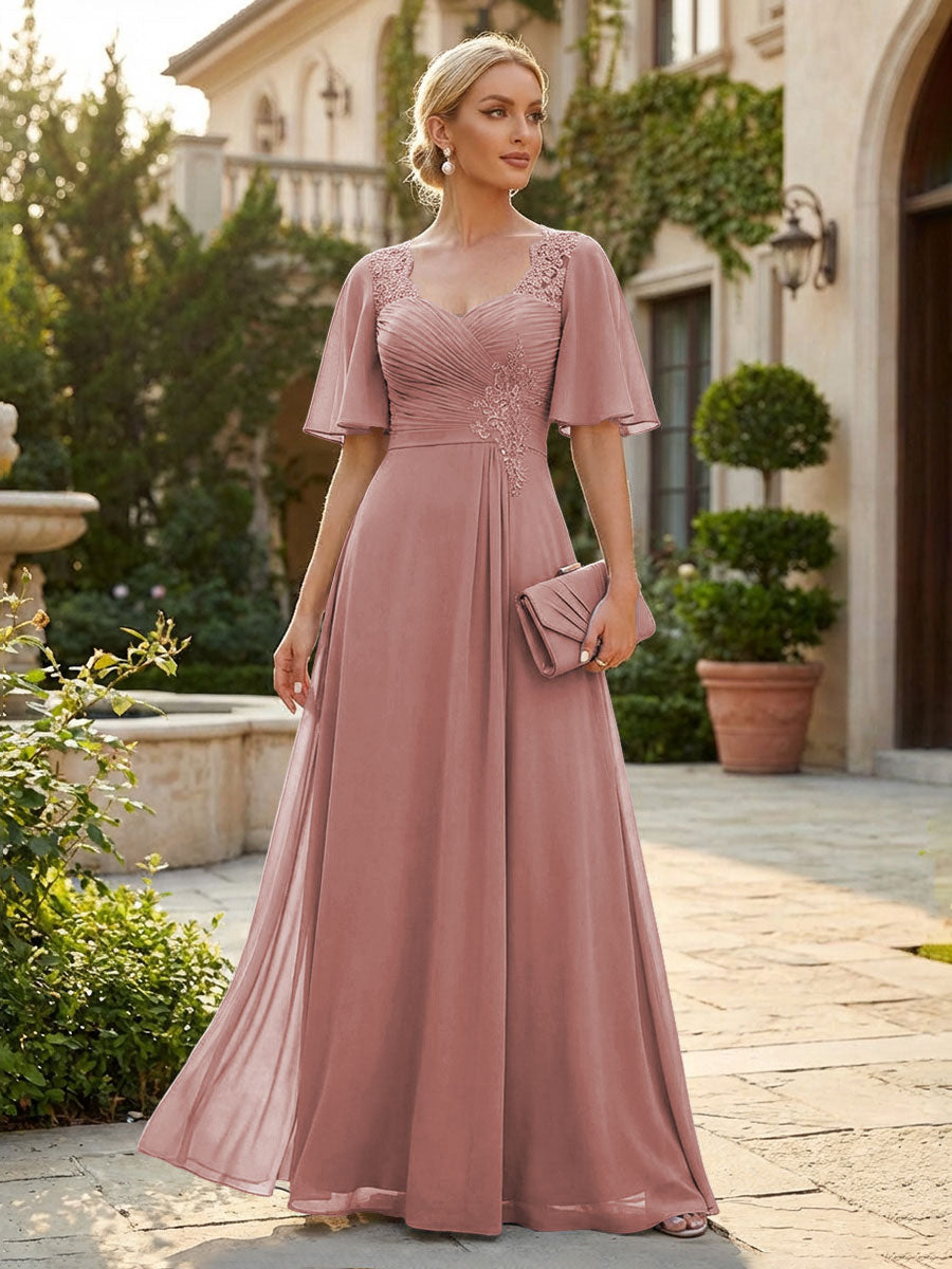 Elegant A-Line Chiffon Flutter Short Sleeves Pleated Mother of the Bride & Groom Dresses with Ruched Waist (SHI22500687)
